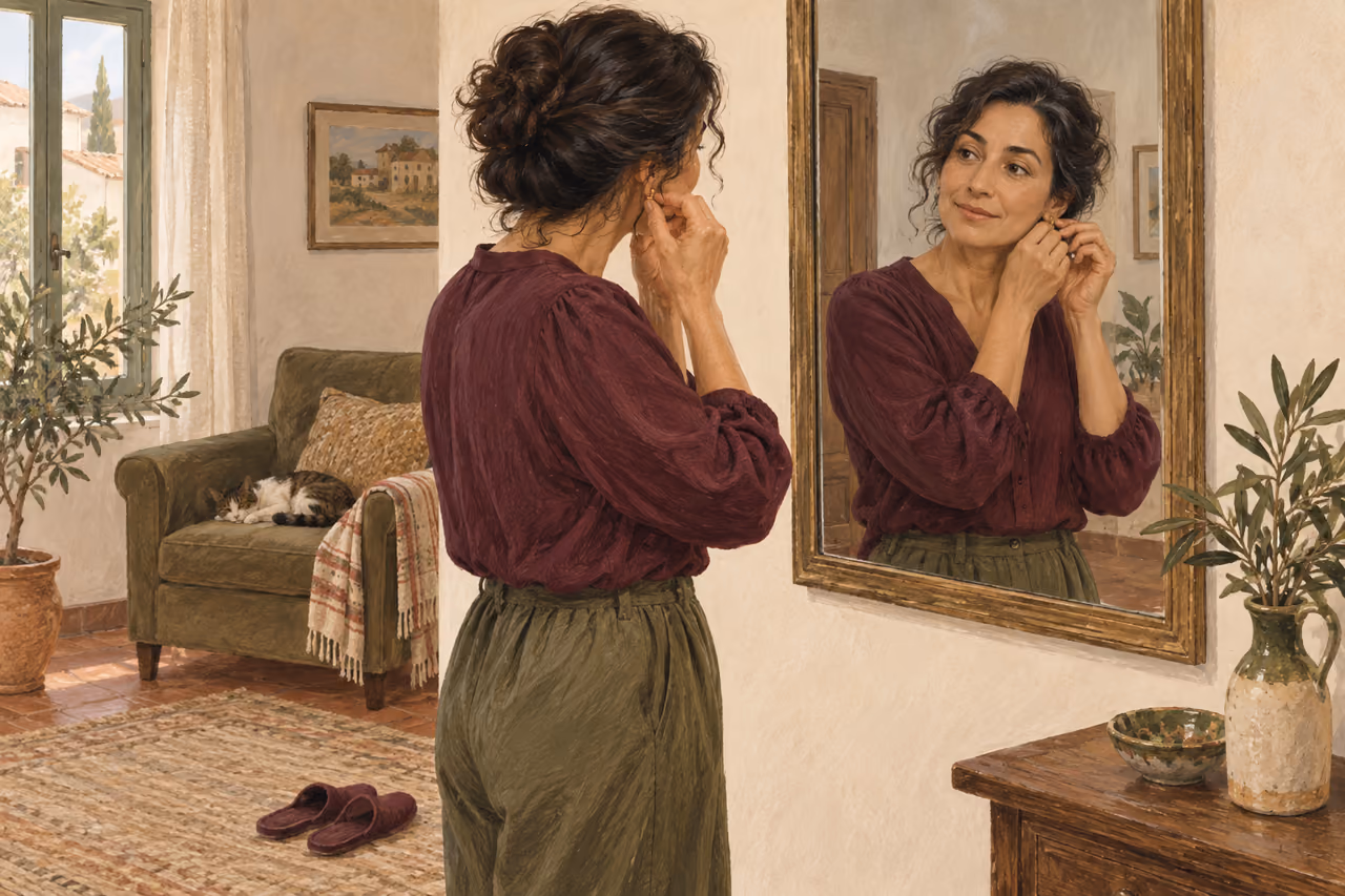 رسم لامرأة تضع قرطاً أمام المرآة في بيتها.